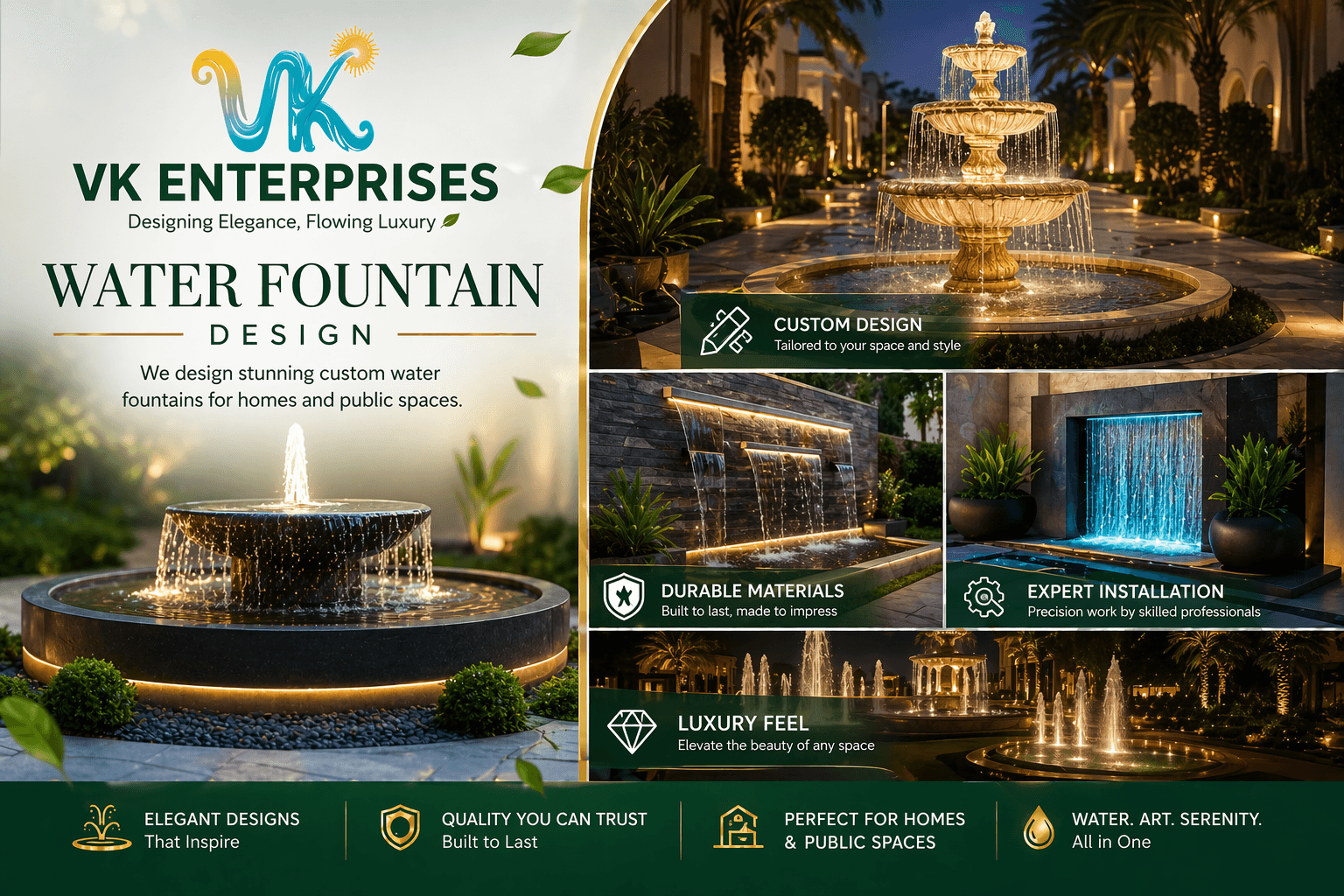 Elaborate water fountain design in a public square at dusk by VK Enterprises, a leading fountain company in India.